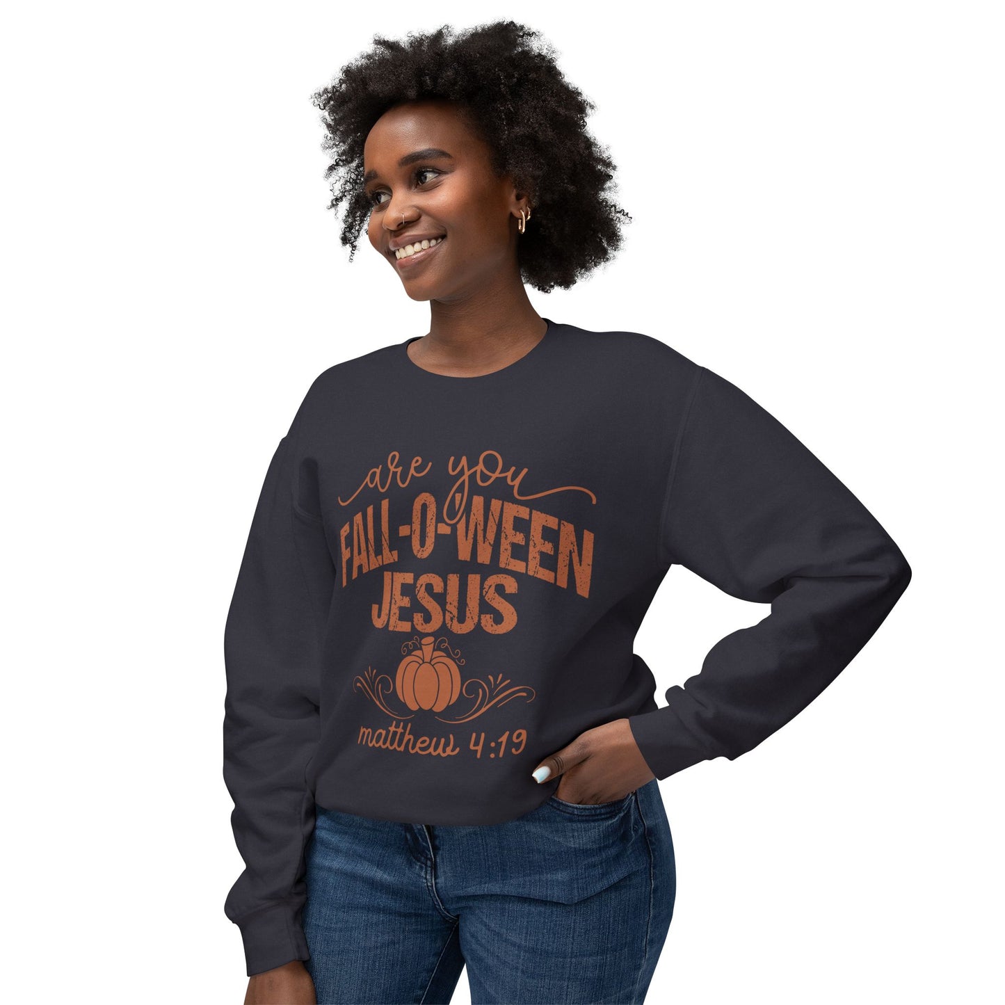 Fall-O-Ween Jesus Sweatshirt | Unisex Lightweight Crewneck | Perfect for Halloween, Cozy Fall Days, Gifts for Friends, Pumpkin Spice Lovers