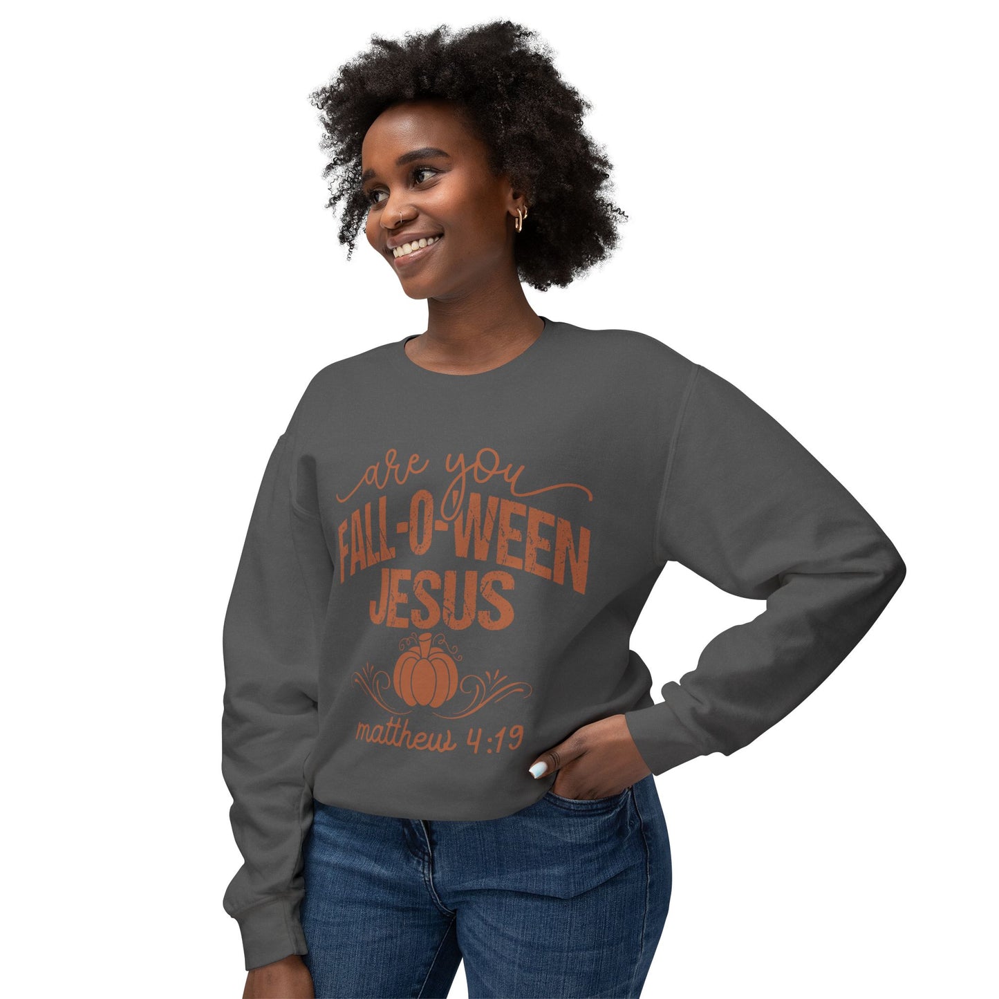 Fall-O-Ween Jesus Sweatshirt | Unisex Lightweight Crewneck | Perfect for Halloween, Cozy Fall Days, Gifts for Friends, Pumpkin Spice Lovers