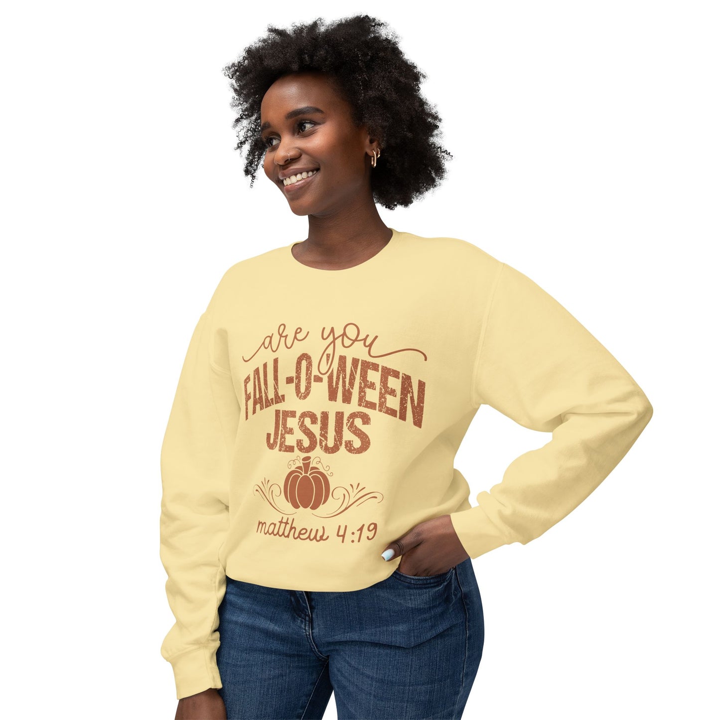 Fall-O-Ween Jesus Sweatshirt | Unisex Lightweight Crewneck | Perfect for Halloween, Cozy Fall Days, Gifts for Friends, Pumpkin Spice Lovers