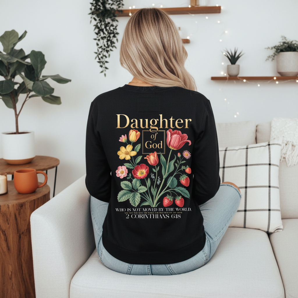 Back of the black Daughter of God long sleeve tee with the large floral design and 2 Corinthians 6:18