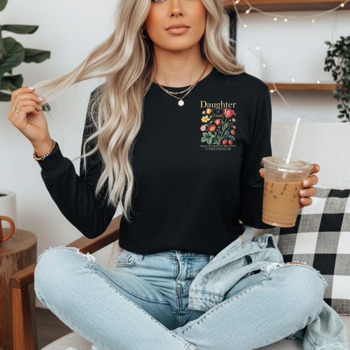 Black Daughter of God long sleeve tee, front view, with the small floral chest design