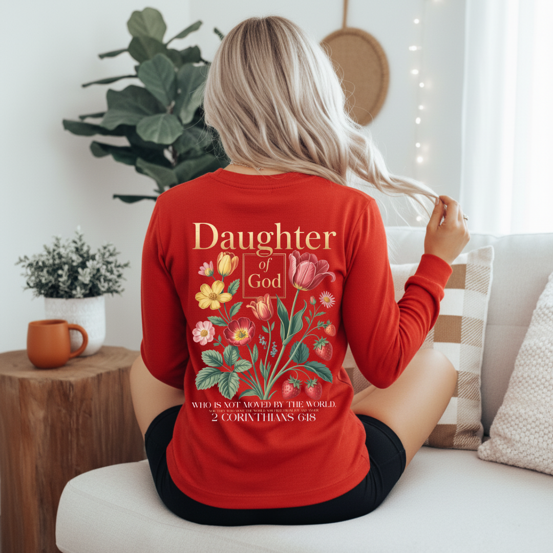 Back of the red Daughter of God long sleeve tee with the large floral design and 2 Corinthians 6:18