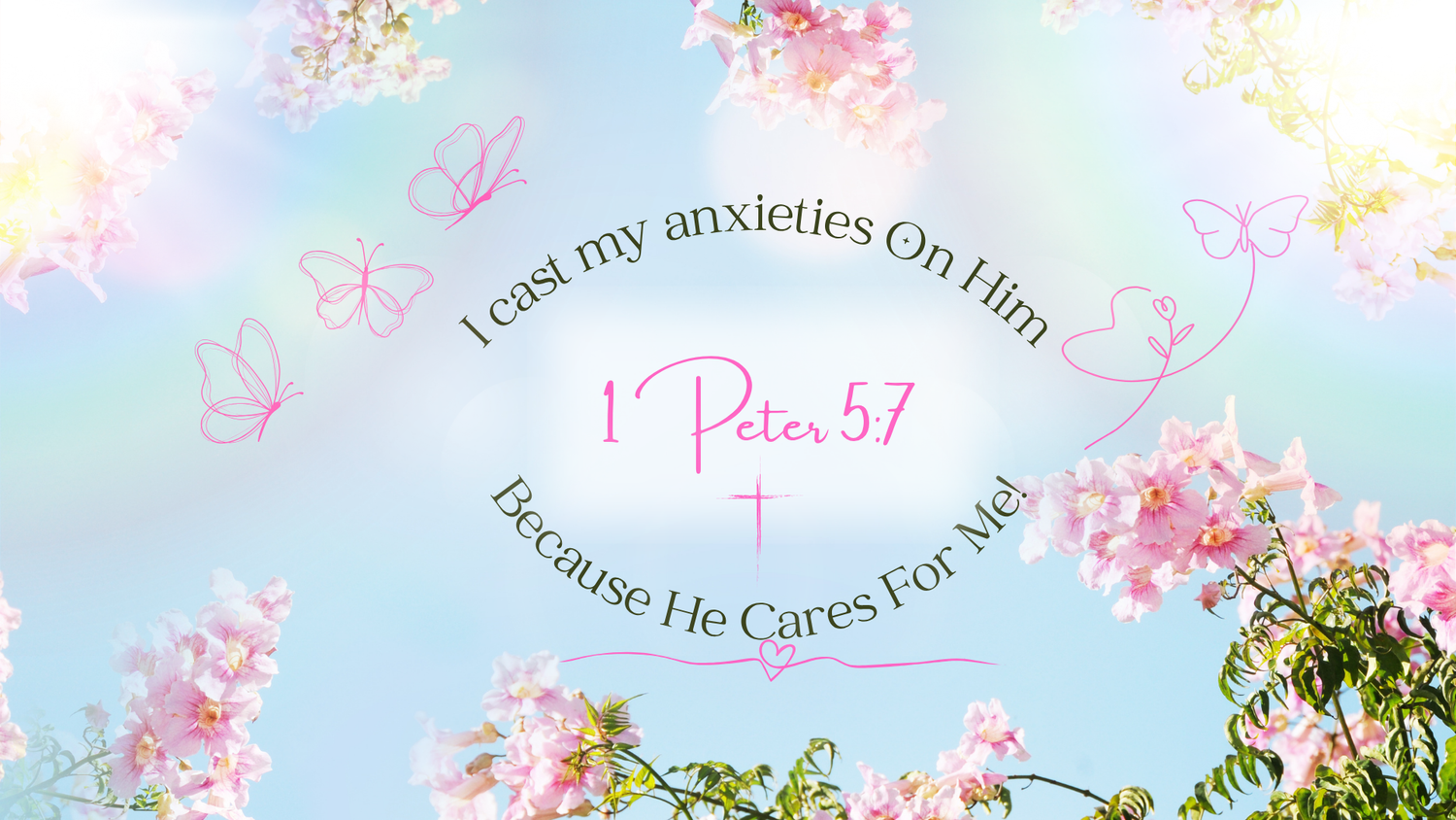 1 Peter 5:7; Chistian Desktop Wallpaper; Decorative design with flowers and text on a light blue background; I cast my anxieties 