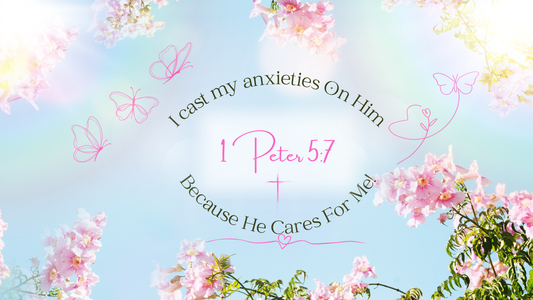 1 Peter 5:7; Chistian Desktop Wallpaper; Decorative design with flowers and text on a light blue background; I cast my anxieties 