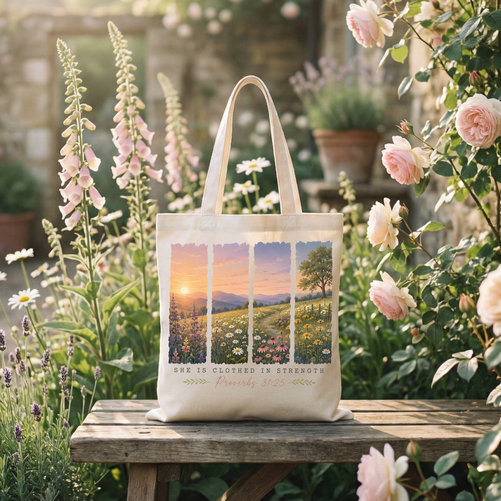🌸🤍 She Is Clothed in Strength Tote Bag – Proverbs 31:25 💕