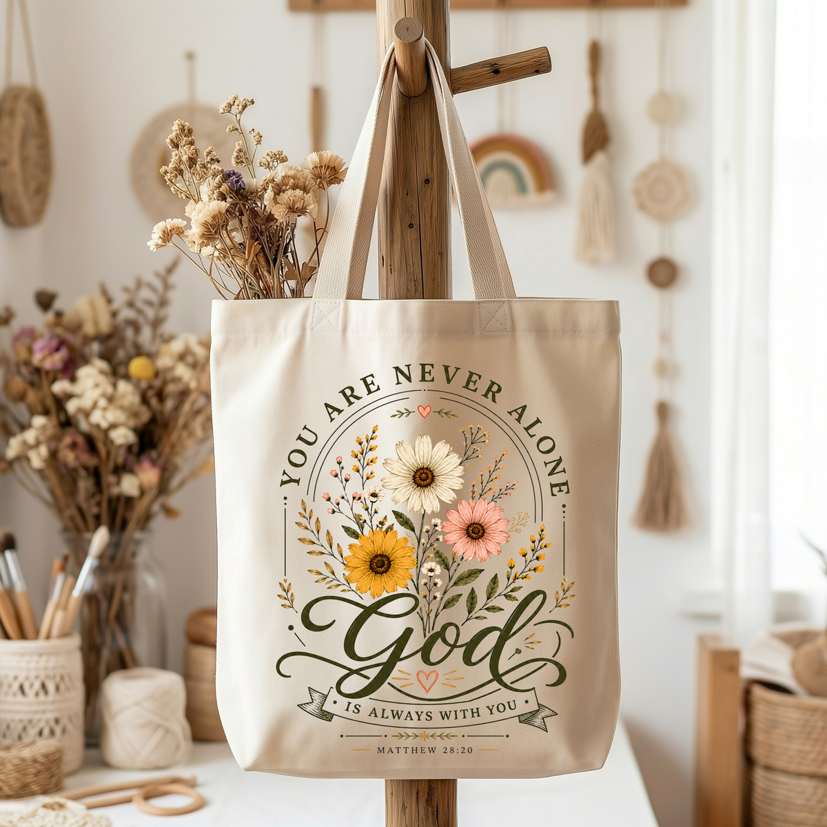 🌼🤍 God Is Always With You Tote Bag – Matthew 28:20 💕