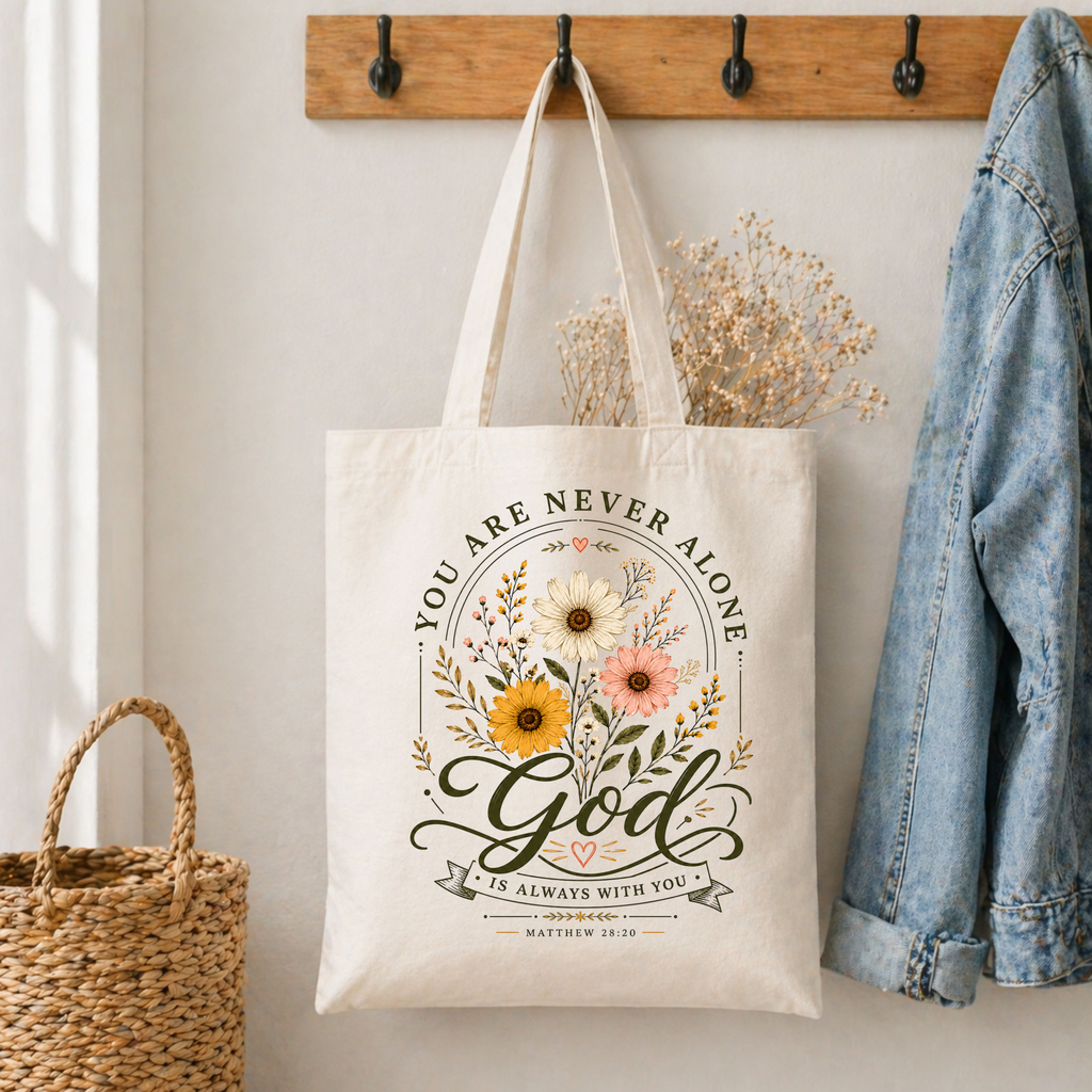 🌼🤍 God Is Always With You Tote Bag – Matthew 28:20 💕