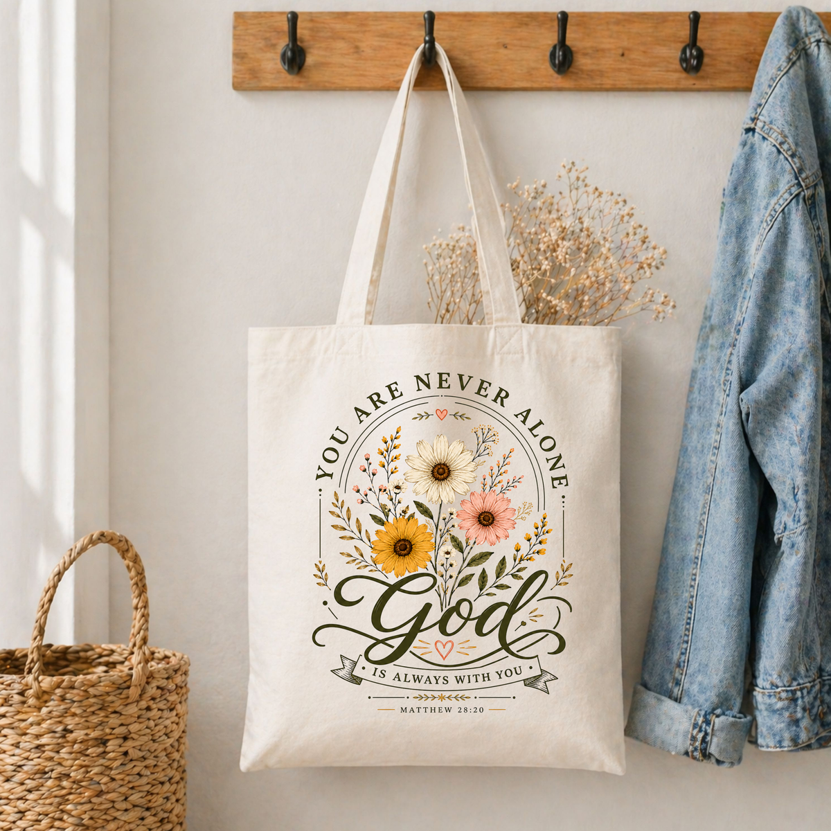 🌼🤍 God Is Always With You Tote Bag – Matthew 28:20 💕