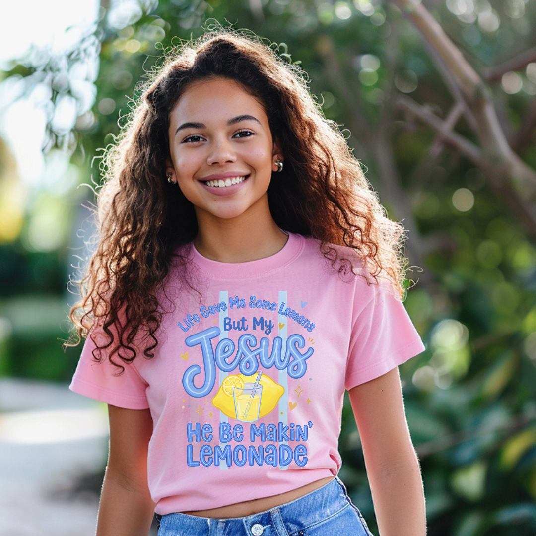 Pink Jesus He Be Makin' Lemonade tee with the lemonade graphic
