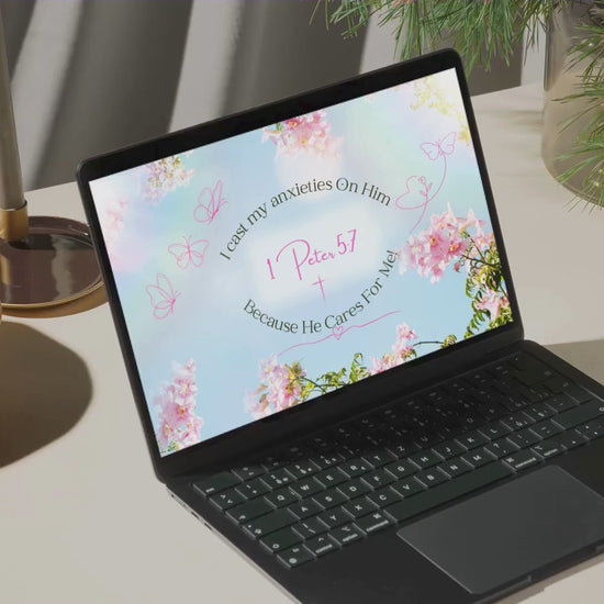 1 Peter 5:7; Christian Wallpaper displaying a motivational quote with floral design; I cast my anxieties on Him. 