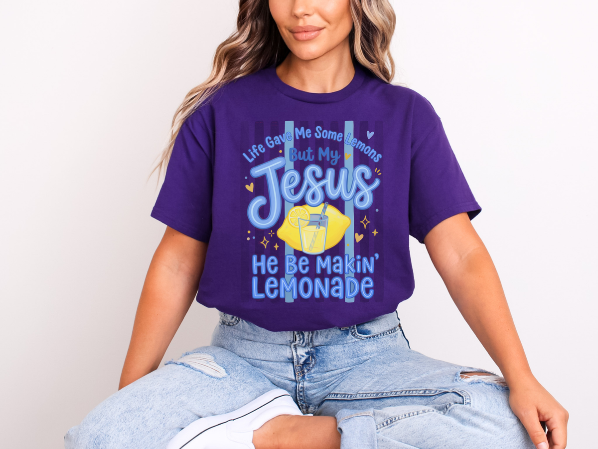 Purple Jesus He Be Makin' Lemonade tee with the lemonade graphic